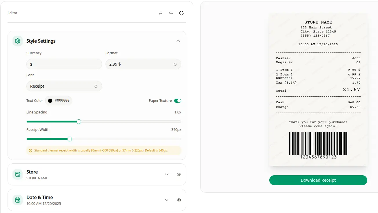 Receiptmint Editor Interface